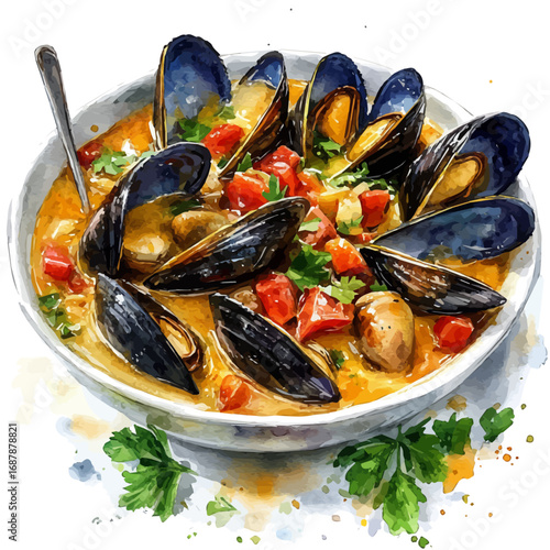 watercolor of Clam Chowder, vector, isolated on a white background.