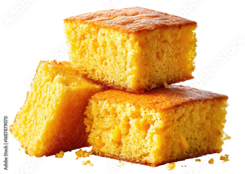 Three cornbread squares stacked, golden-yellow, slightly crumbly