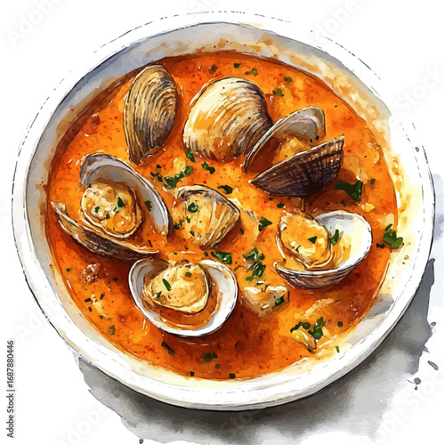 Clam Chowder, watercolor illustration vector, isolated on a white background.