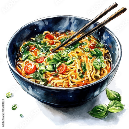 Chow Mein, watercolor illustration vector, isolated on a white background.