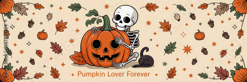 Cute Skeleton Hugging Pumpkin with Cat, Autumn Leaves and Acorns – Whimsical Halloween Fall Illustration Banner
