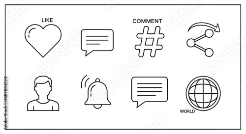 Set of social media interface icons for web and mobile applications. Line art vector collection including like, comment, share, and notification symbols
