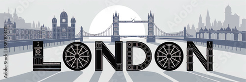 London Skyline Illustration Featuring Famous Landmarks, Tower Bridge, Big Ben, London Eye, Cityscape Silhouette, Vector Art