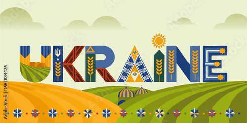 Vibrant Ukraine Illustration with Folk Elements, Wheat Fields, and Traditional Patterns in Blue and Yellow Colors
