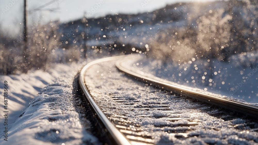 Fototapeta premium Snowy Train Tracks With Sparkling Snowflakes