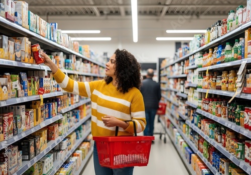Woman Shopping in Grocery Store Aisle, Holding Red Basket and Reaching for Product