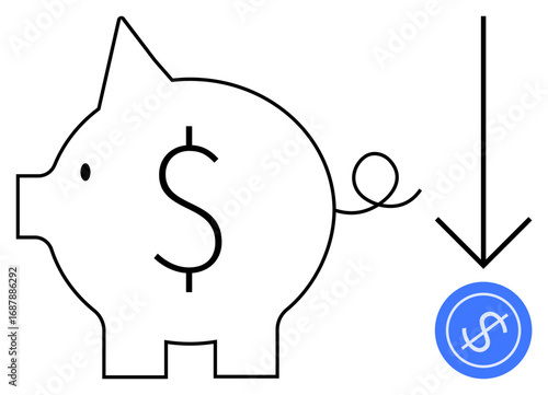 Piggy bank with dollar sign and downward arrow pointing to a dollar coin. Ideal for finance, savings, budget management, economic downturn, cost reduction, monetary planning, simple flat metaphor