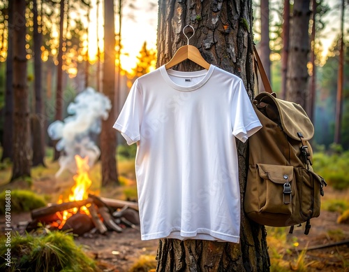 White t-shirt mockup hanging on tree with backpack near campfire in forest, perfect for outdoor adventure branding.