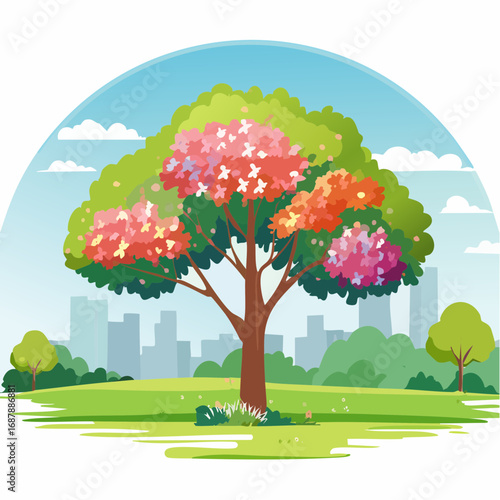 Vector watercolor blooming flower tree side view isolated on white background for landscape and architecture drawing, elements for environment or and garden,Sakura trees for .