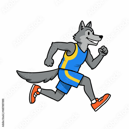 Energetic cartoon wolf athlete running fast in athletic wear