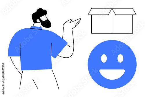 A man in blue gesturing towards an open box and a smiling face icon, symbolizing delivery, customer satisfaction, feedback, happiness, e-commerce, service quality, and simple landing page