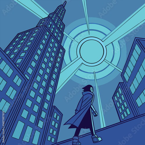 Anime character with coat walks across the rooftops of a bluetoned urban city
