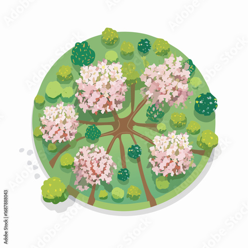 Vector blooming flower tree top view isolated on white background for landscape plan and architecture drawing, elements for environment and garden,botanical .