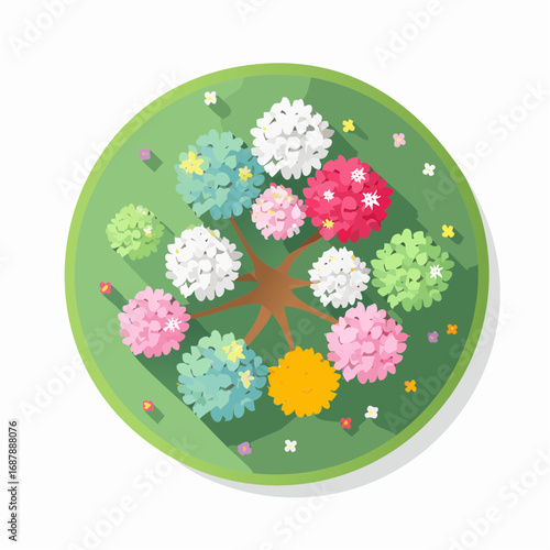 Vector blooming flower tree top view isolated on white background for landscape plan and architecture drawing, elements for environment and garden,botanical .