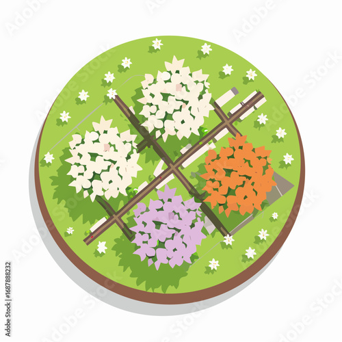 Vector blooming flower tree top view isolated on white background for landscape plan and architecture drawing, elements for environment and garden,botanical .