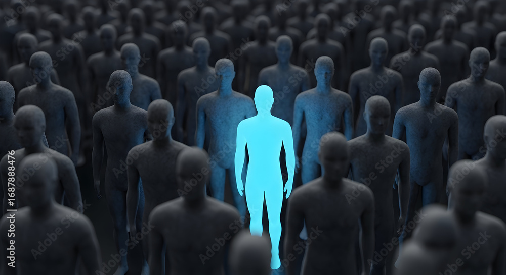 Obraz premium Individuality leadership uniqueness standing out crowd leader difference blue human figures choice identity concept success motivation inspiration standing out from the rest
