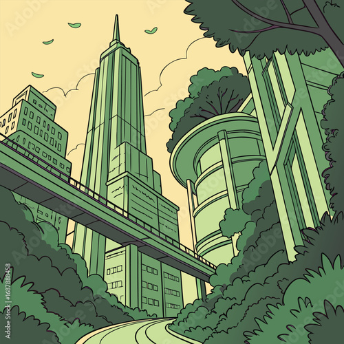 Futuristic city landscape showing towering buildings amongst lush green nature during daytime