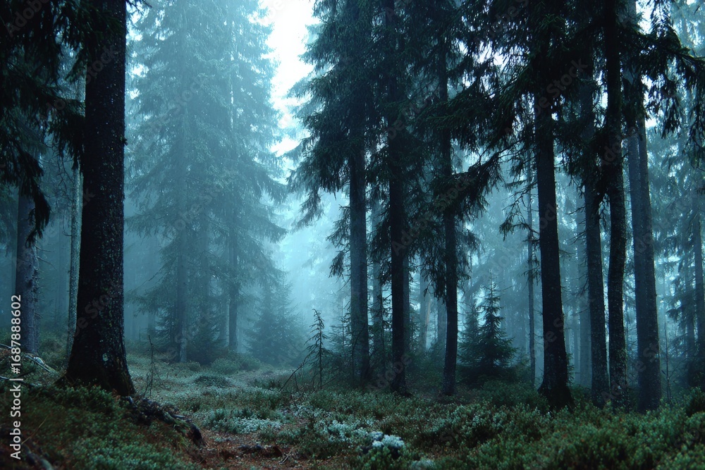 Fototapeta premium Misty forest landscape creates an enchanting atmosphere during early morning hours