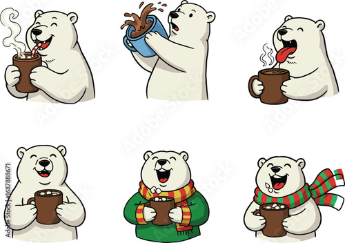 Cute cartoon polar bear drinking hot chocolate, wearing winter scarf and sweater, cozy holiday animal character vector art for Christmas, winter season, cad drawing flat vector illustration