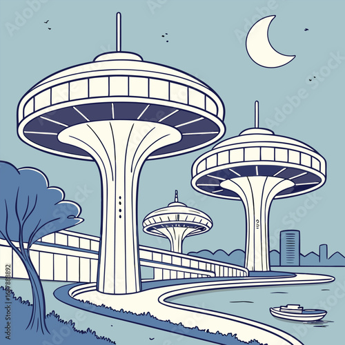 Retro futuristic towers rise along a winding path under a crescent moon at night