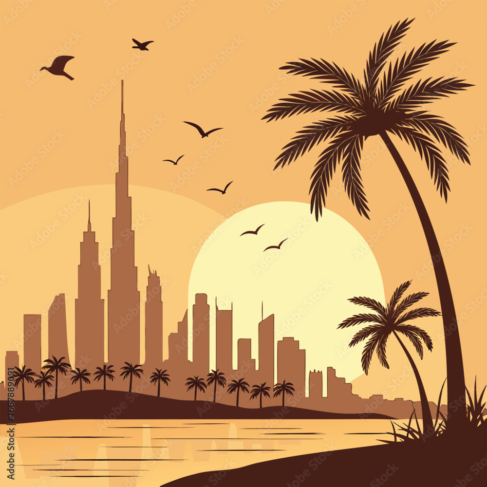 Obraz premium Silhouette of a tropical skyline featuring birds flying near a palm tree on the beach
