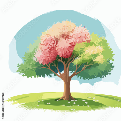 Vector watercolor of blooming tree isolated on white background for landscape plan and architecture drawing, elements for environment and garden,botanical elements ,blooming flowers in .