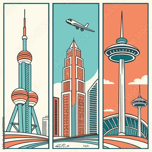 Stylized triptych presents vibrant cityscapes featuring iconic towers and an airplane soaring over the architectural landscape