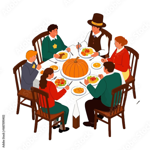 Vector art of a diverse family gathers around a table for a thanksgiving feast, sharing a meal with a large pumpkin at the center