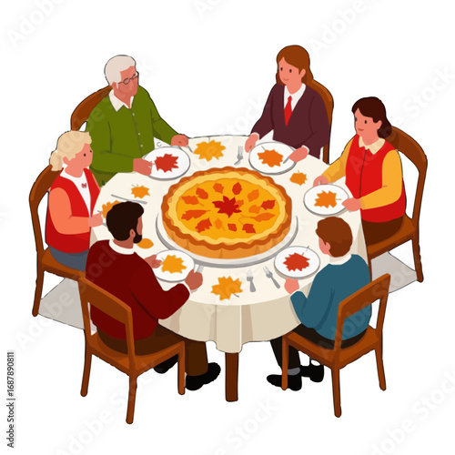 Vector art of family gathering around a table for a thanksgiving meal, enjoying a pie