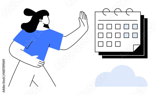 Woman holding up one hand toward a calendar with visible dates, conveying boundary-setting on schedules or commitments. Ideal for time management, productivity, prioritization, organization, personal