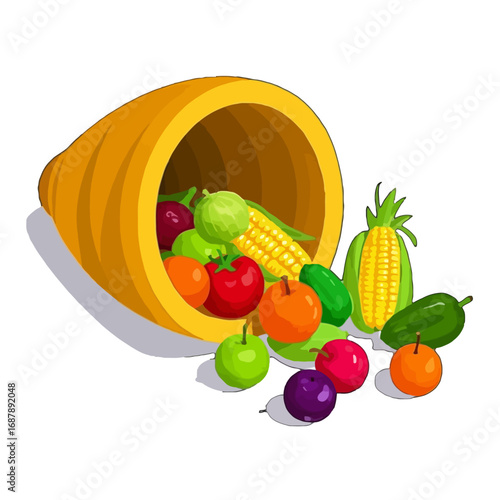 Vector art of a cornucopia overflowing with fresh, colorful fruits and vegetables, isolated on a