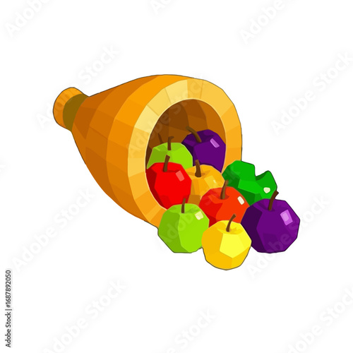 Vector art of a lowpoly cornucopia spilling out colorful fruits, including apples and plums, isolated on a
