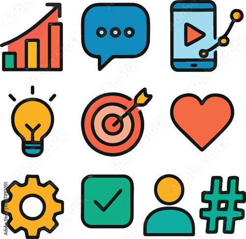 Digital Marketing and Social Media Icons Set – Communication, Growth, and Strategy Symbols