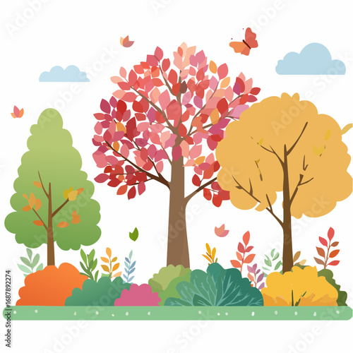 Vector autumn trees collection,watercolor blooming flower tree or forest side view isolated on white background for landscape and decorative ,elements .