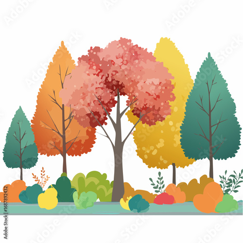 Vector autumn trees collection,watercolor blooming flower tree or forest side view isolated on white background for landscape and decorative ,elements .