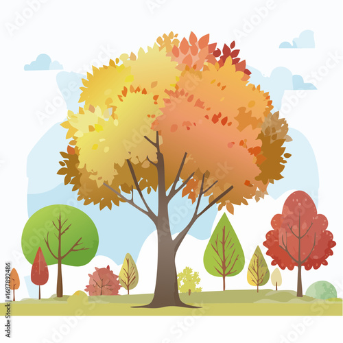 Vector autumn trees collection,watercolor blooming flower tree or forest side view isolated on white background for landscape and decorative ,elements .