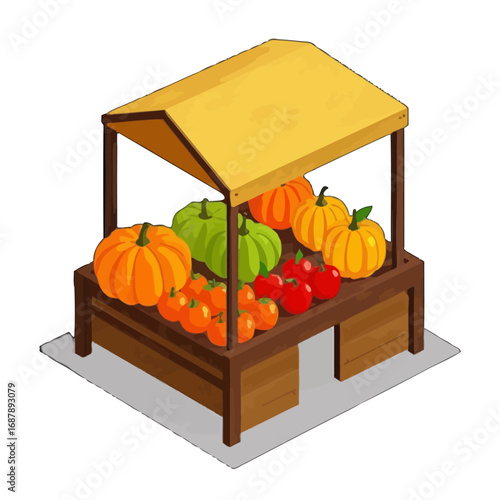 Vector art of a charming isometric illustration of a rustic wooden market stall overflowing with fresh, vibrant autumn produce, including pumpkins, gourds, and tomatoes, set against a clean