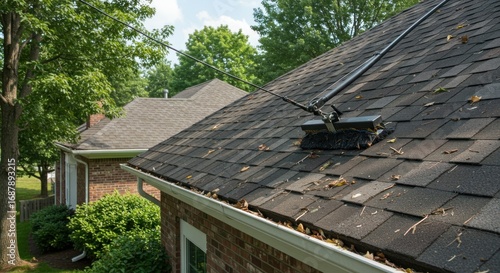 Wallpaper Mural Gutter cleaning brush on a shingled roof with leaves Torontodigital.ca