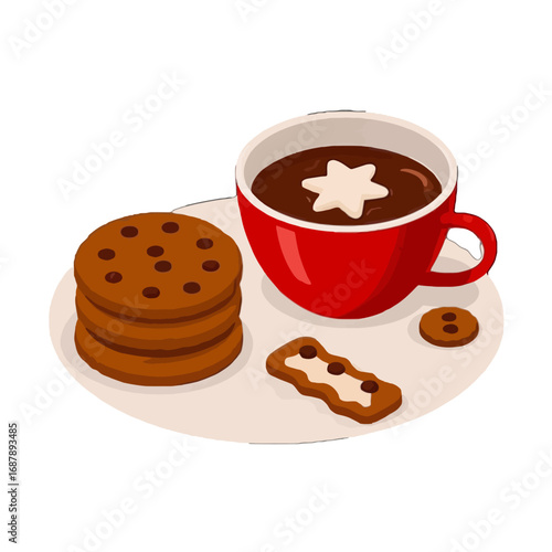 Vector art of a red cup of hot chocolate with a star marshmallow on a white plate with a stack of chocolate chip cookies and a gingerbread cookie
