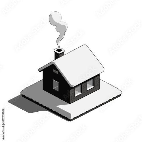 Vector art of cozy winter cabin with snow on the roof and smoke coming from the chimney, isometric view, minimalist illustration