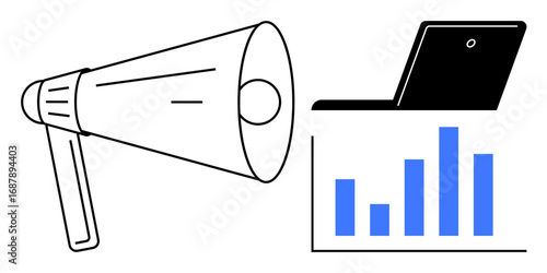 Megaphone blaring marketing message, laptop tracking online data analytics, and growth bar graph. Ideal for business, promotion, strategy, communication, technology analysis engagement. Simple flat