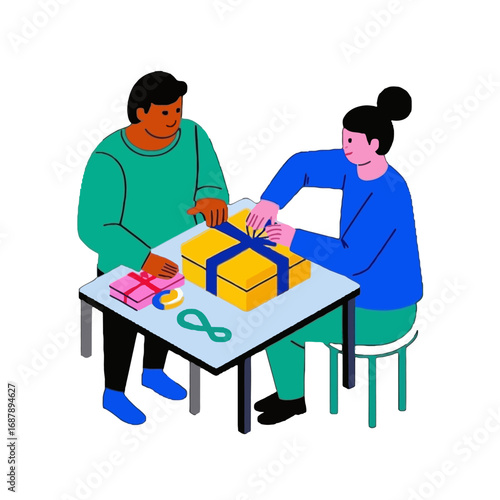 Vector art of two people wrapping gifts on a table, one person is tying a ribbon on a large yellow gift box, the other person is holding scissors next to a small pink gift