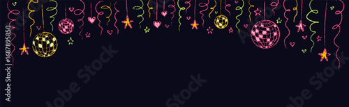 Festive tinsel streamer confetti doodle background. Bachelorette party, Christmas, New Year celebration, Valentines day, Birthday, nightclub hand drawn crayon design. Pencil twinkle, bling scribbles