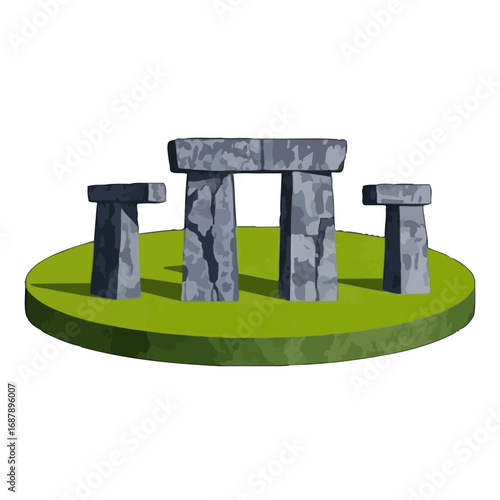 Vector art of a stylized illustration of stonehenge, a prehistoric monument, on a green circular platform