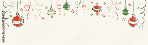 Hand drawn crayon doodle festive winter holidays horizontal rectangle background. Merry Christmas and Happy New Year greeting card, celebration party invitation. Christmas tree baubles, confetti