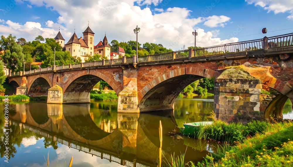 Fototapeta premium A scenic view showcases a historical bridge over calm water.