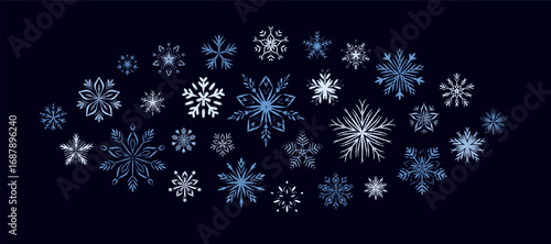 Dark blue hand drawn crayon snow flake background. Winter Merry Christmas and Happy New Year whimsical poster. Pastel, paint brush, pencil, chalk sketch drawing. Festive pattern snowflake ornament