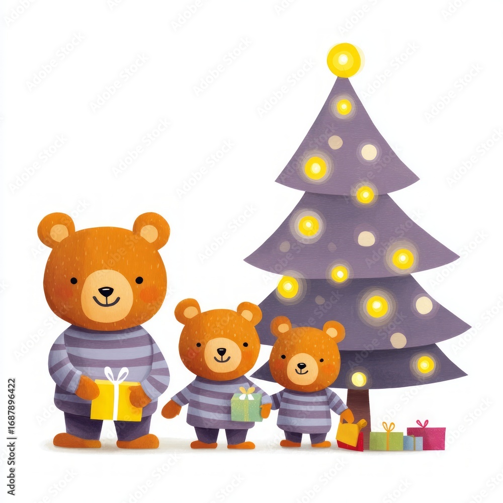 Fototapeta premium Cute Cartoon Bears Celebrating Christmas with Presents and Tree