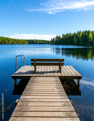 Lakeside wooden dock with bench