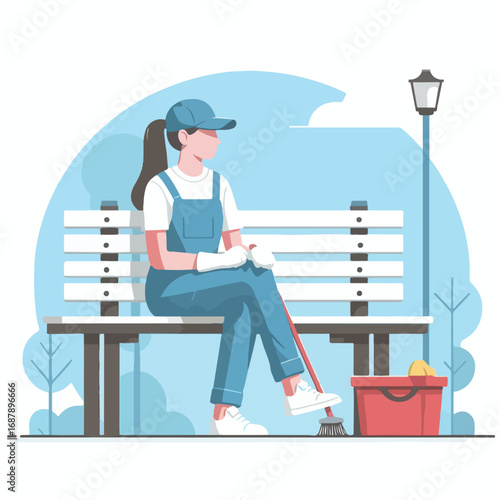 The janitor is taking a short break sitting on a park bench with a simple and minimalist flat design using a white background.
